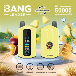 Promotional Graphic For A Bang Leader Vape Device, Showing Two Yellow Units With Fruit Flavors And “Up 50000 Puffs” Text
