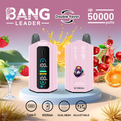 Pink Bang Leader Vape Ad Showing Two Devices, Fruit Splashes, And Text Promising Double Flavor And Up To 50,000 Puffs