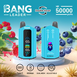Bang Leader Vape Ad Showing Two Blue Devices With Double Flavor, Up To 50,000 Puffs, And Blueberry/Raspberry Graphics