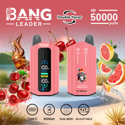 Pink Bang Leader Vape With Cherry And Pink Lemonade Flavors, 50,000 Puffs, Type-C, And 650Mah Icons Shown