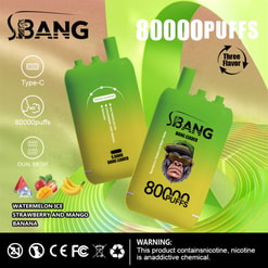 Immagine promozionale di due dispositivi vape S.BANG Bang Leader verdi, etichettati con 80.000 tiri, icone di gusti fruttati e testo di avviso