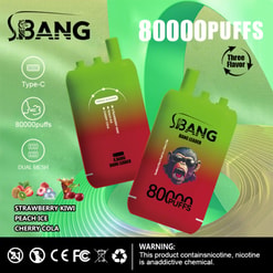 Appareils vape S.bang verts et rouges faisant la promo de 80 000 bouffées, Type-C, double mesh, et trois saveurs