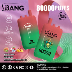 Visuel promo pour les appareils vape S.bang, montrant deux unités jetables vert-rouge, 80 000 bouffées, Type-C, et trois saveurs