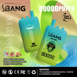Pub pour vape jetable S.bang avec deux appareils vert-bleu, 80 000 bouffées, Type-C, double mesh, et trois options de saveurs