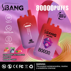 Pub rose et violette pour vape S.bang montrant deux appareils, 80 000 bouffées, Type-C, double mesh, et trois saveurs