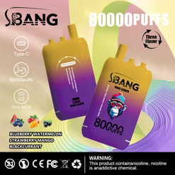 Pub pour les appareils vape S.bang Bang Leader avec 80 000 bouffées, Type-C, double mesh, et trois saveurs listées