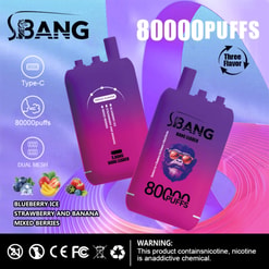 Pub pour les appareils vape S.bang Bang Leader, montrant 80 000 bouffées, Type-C, double mesh, et trois saveurs