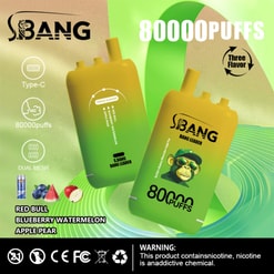Annonce pour les vapes jetables S.bang, montrant deux appareils vert-jaune, 80 000 bouffées, Type-C, double mesh, et trois saveurs