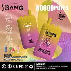 Pub colorée pour les appareils vape S.bang Bang Leader, mettant en avant 80 000 bouffées, Type-C, double mesh, et triple saveur