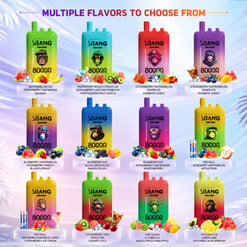 Affiche présentant 12 saveurs Bang Vape dans des appareils colorés avec illustrations de fruits et le titre “ Plusieurs saveurs au choix ”