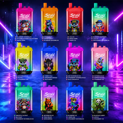 Colorful Grid Of Stoll Bang Leader Vape Devices With Cartoon Animal Graphics And Flavor Names On A Neon Purple Background