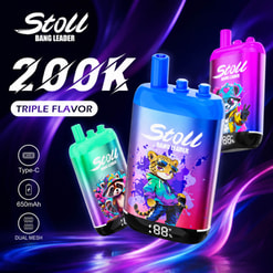 Bang Leader Stoll 200K Triple-Flavor Vape Ad With Three Colorful Devices And Feature Icons On A Neon Purple Background