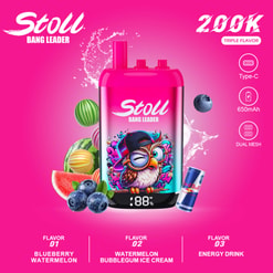 Pink Product Ad For A Stoll Bang Leader Vape With Fruit Flavors, “200K Triple Flavor,” Type-C, 650Mah, And Dual Mesh Labels