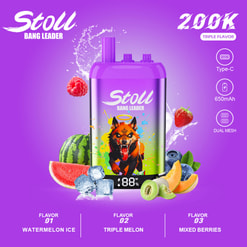 Purple Stoll Bang Leader Vape Ad With Mixed Fruit Flavors, Type-C Charging, 650Mah Battery, And Dual Mesh Features