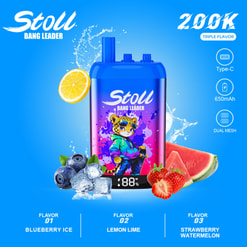 Stoll Bang Leader 200K Triple-Flavor Vape With Fruit Graphics And Type-C, 650Mah, Dual Mesh Icons On Blue Background