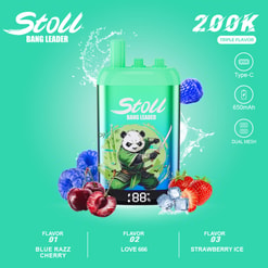 Promotional Graphic Of A Stoll Bang Leader Vape Device With Fruit Flavors, Type-C, 650Mah, And Dual Mesh Features
