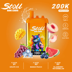 Orange Product Ad For Stoll Bang Leader Vape With Fruit Flavors, Type-C, 650Mah, And Dual Mesh Features