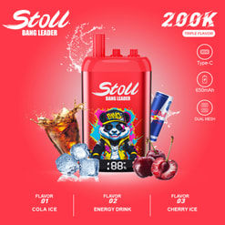 Red Stoll Bang Leader Vape With Panda Graphic, Showing Three Flavors And Type-C, 650Mah, Dual Mesh Features
