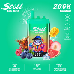 Stoll Bang Leader 200K Triple-Flavor Vape Ad With Fruits, Ice, Battery, And Type-C Features On Green Background