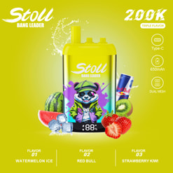 Bright Yellow Ad For A Stoll Bang Leader Vape With Fruit Flavor Icons And Three Flavor Options Listed: Watermelon Ice, Red Bull, Strawberry Kiwi