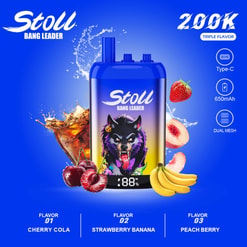 Stoll Bang Leader Vape With Wolf Graphic, Fruit Splashes, Type-C, 650Mah, And Three Flavors Listed