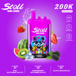 Purple Ad For A Stoll Bang Leader Vape With Fruit Flavors, Panda Graphic, And Feature Icons For Type-C, 650Mah, And Dual Mesh