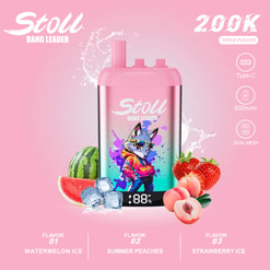 Pink Stoll Bang Leader Vape Ad With Fruit Flavors, Type-C Charging, 650Mah Battery, And Dual Mesh Features