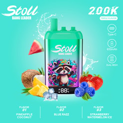 Promotional Image Of A Stoll Bang Leader Vape With Fruit Flavors, Type-C Charging, 650Mah Battery, And Dual Mesh