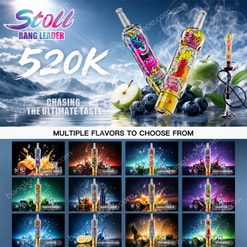Stoll Bang Leader Vape Ad Showing 520K, Two Colorful Devices, Fruit, Smoke, And A Grid Of Flavors Underneath