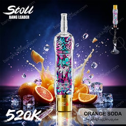 Stylized Ad For A Stoll Bang Leader Orange Soda Vape With Oranges, Ice Cubes, And Colorful Liquid Splashes