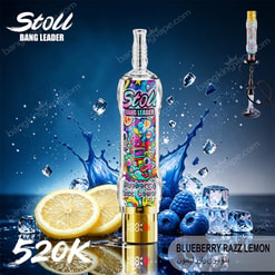 Stoll Bang Leader Vape Device In Blueberry Razz Lemon Flavor With Lemons, Blueberries, Ice, And Water Splash Background