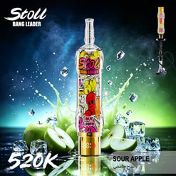 Stoll Bang Leader Sour Apple Vape Device With Green Apples, Ice, And Splash Effects On A Smoky Blue-Green Background