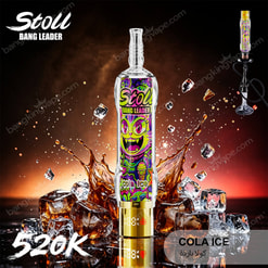 Stoll Bang Leader Cola Ice Vape Device With Neon Cat Label, Ice Cubes, And Cola Splash On Dark Background