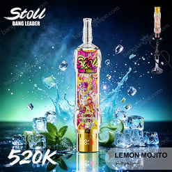 Stylized Vape Product Ad For Stoll Bang Leader Lemon Mojito With Ice, Mint, Lime, And Water Splash Effects