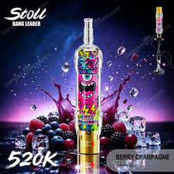 Stoll Bang Leader Berry Champagne Vape Bottle With Colorful Berry Graphics, Ice Cubes, And Berries On A Purple Background