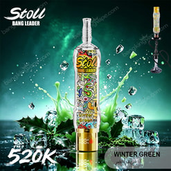 Stoll Bang Leader Winter Green Vape Device With Ice Cubes And Green Splash On A Dark Teal Background, Labeled 520K