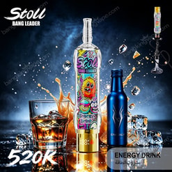Stoll Bang Leader Energy Drink Bottle With Colorful Graffiti Label, Ice, And Splashing Orange Liquid On A Dark Background