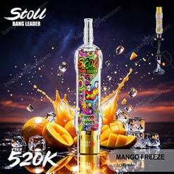 Stoll Bang Leader Mango Freeze Vape Bottle With Mangoes, Ice Cubes, And Orange Splash Against A Dark Background