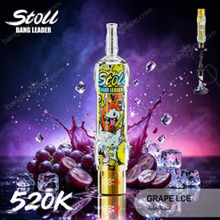 Stoll Bang Leader Grape Ice Vape With Grape And Ice Splash Graphics On A Purple Background, 520K At Bottom Left