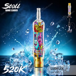 Stoll Bang Leader Lush Ice Vape Device With Ice Cubes And Splash Effect On Blue Background, 520K Text Visible