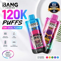 Promotional Graphic For Bang Legend 120K Puffs Dual-Flavor Vape Devices With Product Features And Eu Warehouse Badge