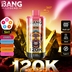 Bang Legend 5In1 Vape Device With 120K Puffs, 50Ml, Mesh Coil, Type-C, And Flavor Options Listed Around It