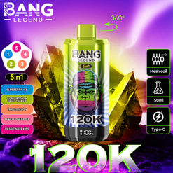Bang Legend Vape Ad With 120K, 5In1 Flavors, 50Ml, Mesh Coil, Type-C, And 360° On A Neon Crystal Background