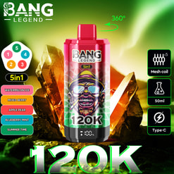 Bang Legend 5-In-1 Vape With 12K Puffs, Watermelon Ice Flavor, And Feature Icons On A Glowing Crystal Background
