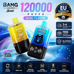 Promotional Graphic For Bang Leader Stoll 120000 Puffs Dual-Flavor Vape Devices, With Eu Warehouse And Shipping Badges