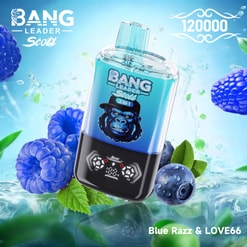 Blue Bang Leader Stoll Vape Device With Blueberry And Mint Graphics, Shown In A Watery Ad Background