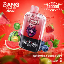 Bright Red Bang Leader Stoll 2-In-1 Vape With Fruit Graphics And Watermelon, Strawberry, Raspberry, And Blueberry Accents