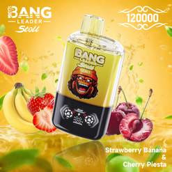 Bang Leader Stoll Vape With Banana, Strawberry, And Cherry Fruit Splash On A Yellow Background