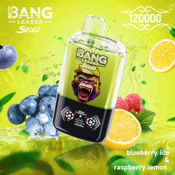 Bright Ad For A Bang Leader Stoll Vape Device With Blueberry, Raspberry, And Lemon Fruit Imagery On A Neon Green Background