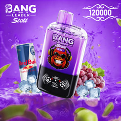 Purple Bang Leader Stoll 2-In-1 Vape Device Beside A Red Bull Can, Grapes, Ice, And 120000 Text